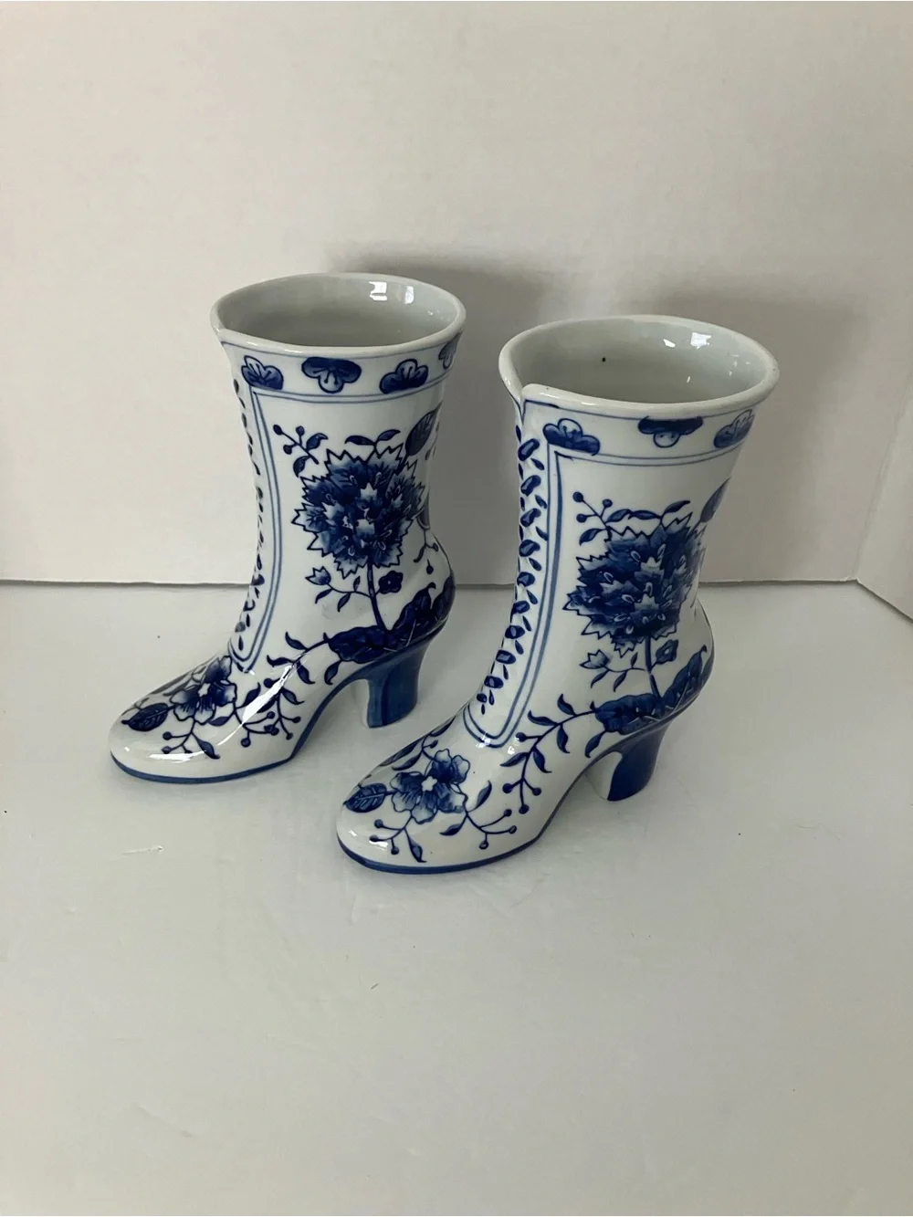 Vintage Blue and White Floral Boot Vases